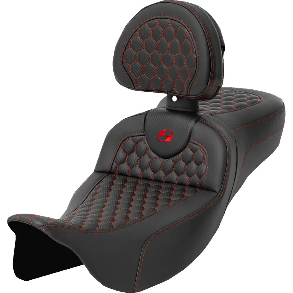 Asiento Honeycomb Roadsofa™ - Asiento RoadSofa™ - Honeycomb - Costura roja - con respaldo - Alcance extendido - FLH/FLT '08-'24