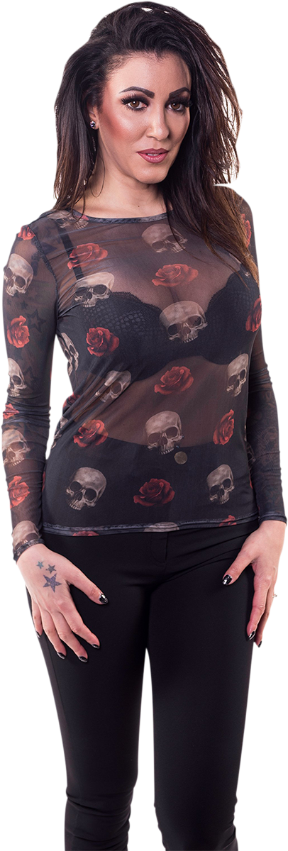 Women's Floating Skulls Long-Sleeve Sheer Shirt - Black - Large