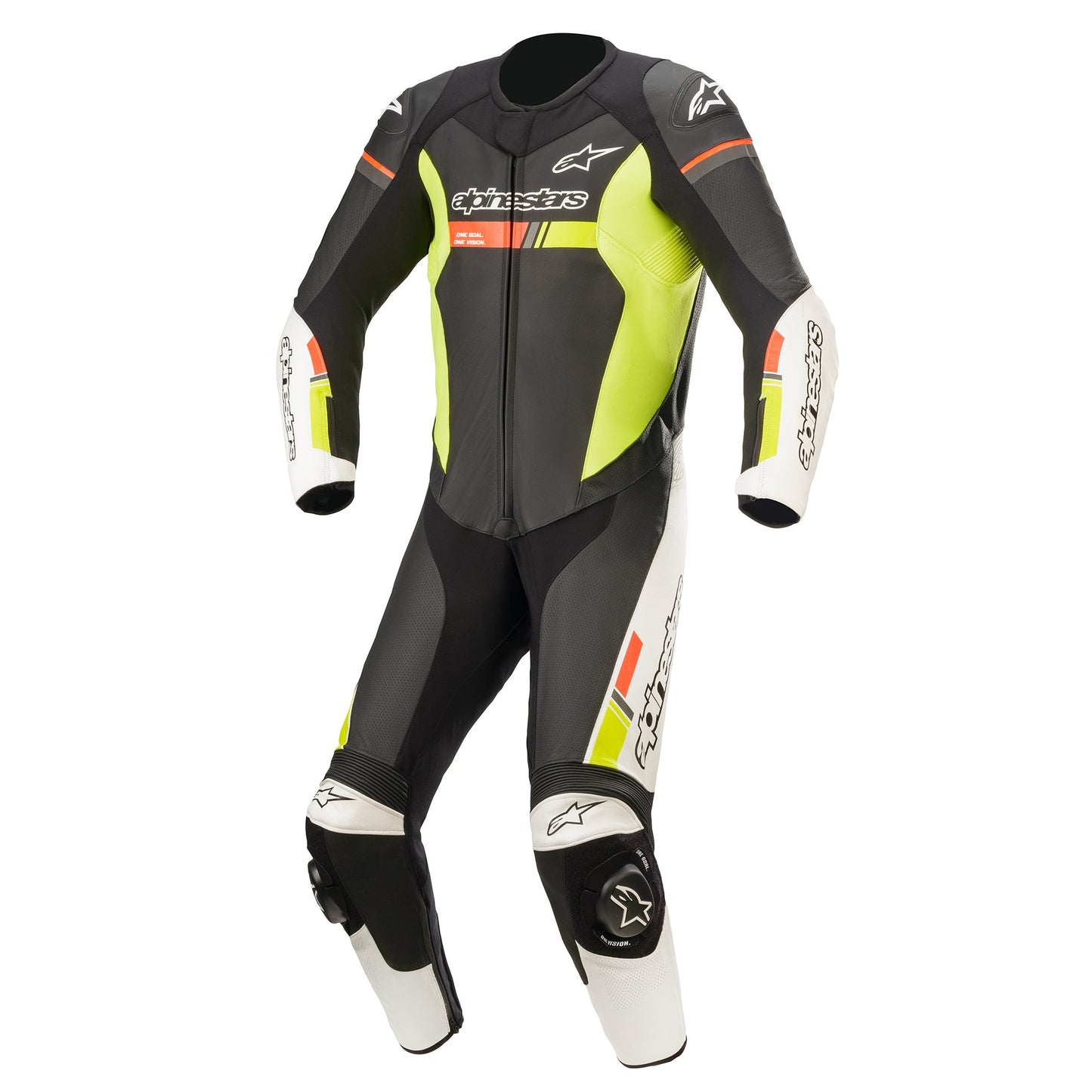 Traje de piel Alpinestas GP Force Chaser negro/blanco/rojo fluo/amarillo