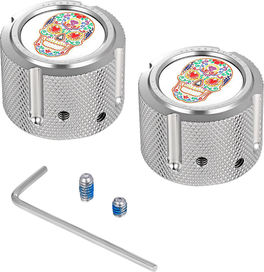 Tapa de tuerca del eje delantero - Tapa de tuerca del eje - Delantera - Acero inoxidable - Calavera de azúcar - Plata