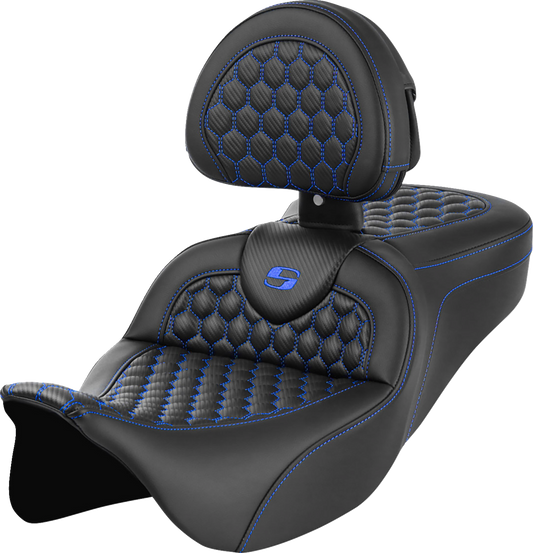 Asiento Honeycomb Roadsofa™ - Asiento RoadSofa™ - Honeycomb - Costura azul - con respaldo - FLH/FLT '08-'23
