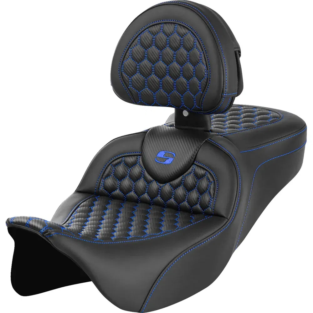 Asiento Honeycomb Roadsofa™ - Asiento RoadSofa™ - Honeycomb - Costura azul - con respaldo - FLH/FLT '08-'23