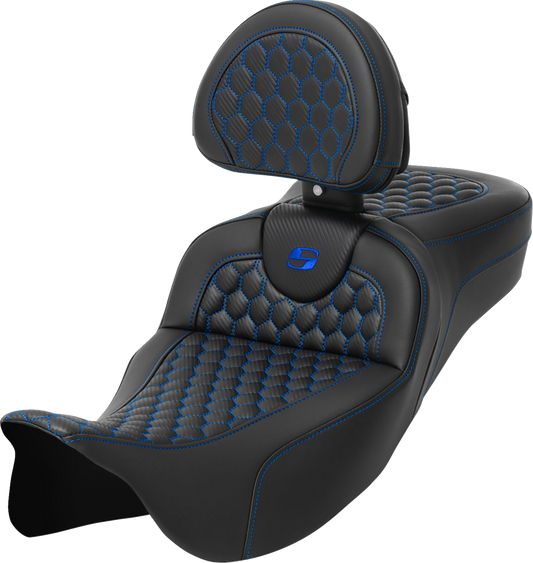 Asiento Honeycomb Roadsofa™ - Asiento RoadSofa™ - Honeycomb - Costura azul - con respaldo - Alcance extendido - FLH/FLT '08-'24