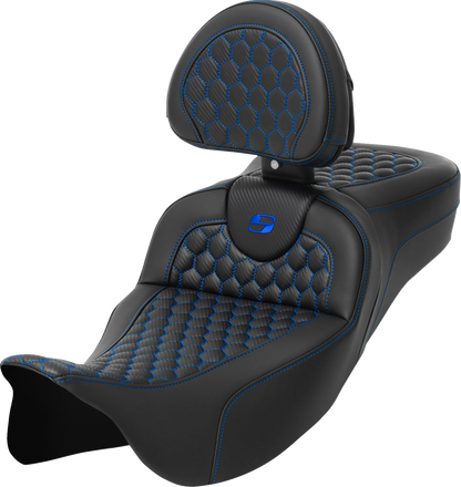 Asiento Honeycomb Roadsofa™ - Asiento RoadSofa™ - Honeycomb - Costura azul - con respaldo - Alcance extendido - FLH/FLT '08-'24