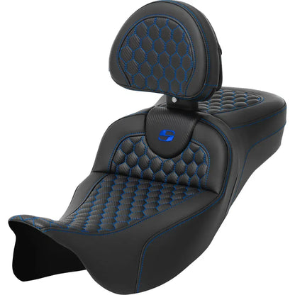 Asiento Honeycomb Roadsofa™ - Asiento RoadSofa™ - Honeycomb - Costura azul - con respaldo - Alcance extendido - FLH/FLT '08-'24