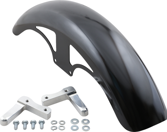 Guardabarros delantero serie Hugger con bloques de montaje para Softail/Dyna - Kit de guardabarros P-Tom - con bloques satinados - Acero - 19"