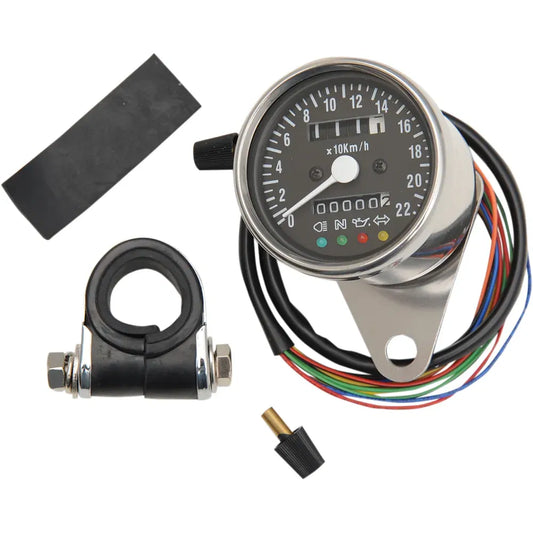 2.4" KPH Mini Mechanical Speedometer with LED Indicators - Black Face - 2:1 Ratio