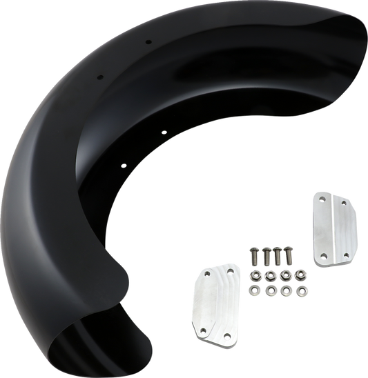 Guardabarros delantero serie Hugger con bloques de montaje para Softail/Dyna - Kit de guardabarros enrollable - con bloques satinados - Acero - 18"