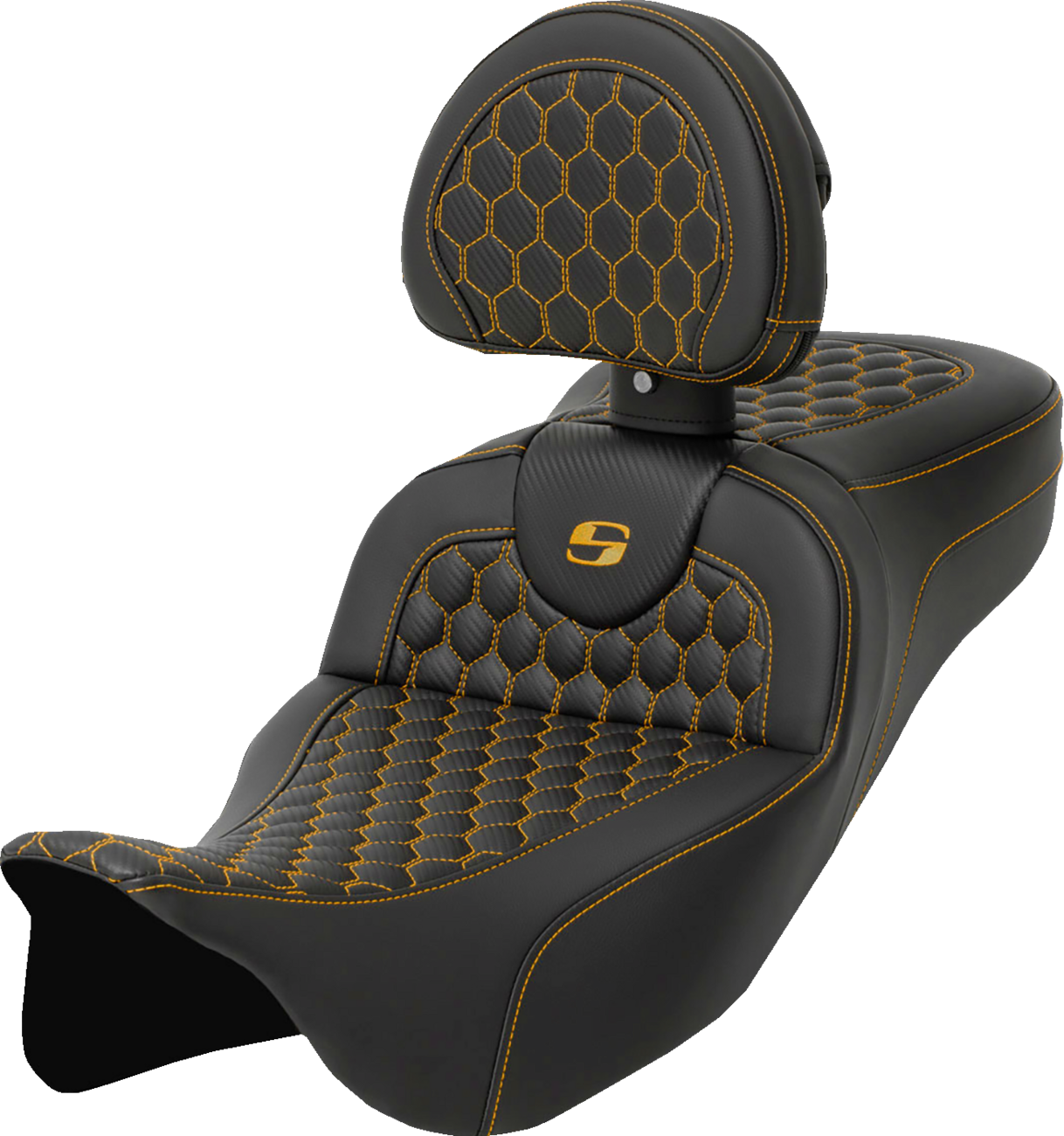 Asiento Honeycomb Roadsofa™ - Asiento RoadSofa™ - Honeycomb - Costura dorada - con respaldo - Alcance extendido - FLH/FLT '08-'24