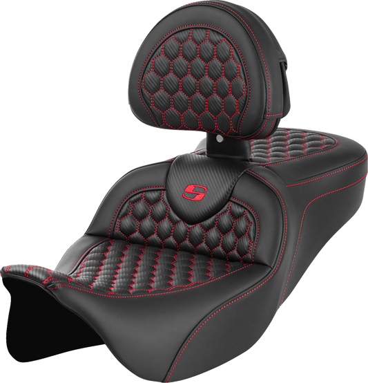 Asiento Honeycomb Roadsofa™ - Asiento RoadSofa™ - Honeycomb - Costura roja - con respaldo - FLH/FLT '08-'23