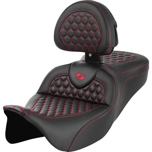 Asiento Honeycomb Roadsofa™ - Asiento RoadSofa™ - Honeycomb - Costura roja - con respaldo - FLH/FLT '08-'23