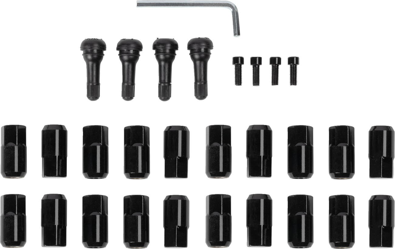 Tuercas de rueda de repuesto para ATV/UTV con vástagos de válvula - Tuercas con vástagos de válvula - 12 mm x 1,50 - Negro - Plano - Paquete de 20