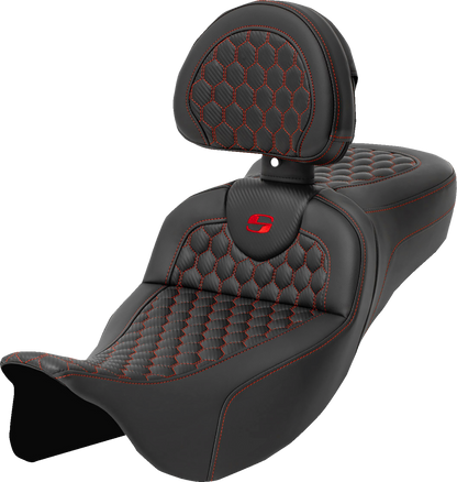 Asiento Honeycomb Roadsofa™ - Asiento RoadSofa™ - Honeycomb - Costura roja - con respaldo - Alcance extendido - FLH/FLT '08-'24