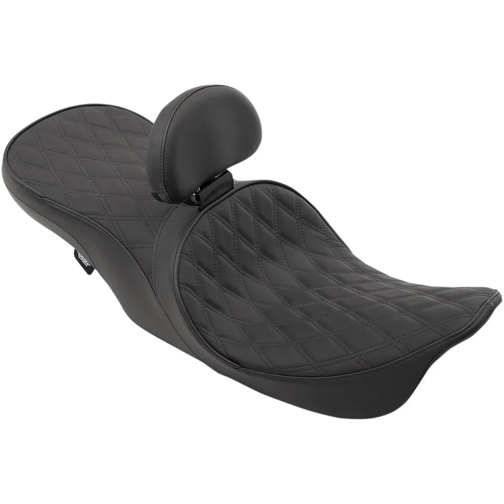 Asiento touring de cuero de perfil bajo para 2 personas, posicionado hacia adelante
