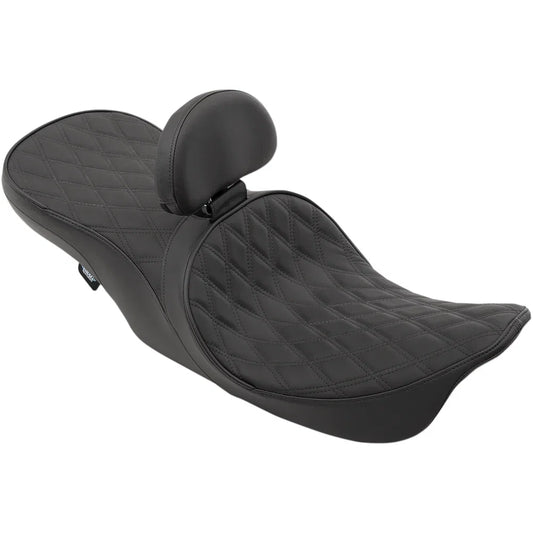 Asiento touring de cuero de perfil bajo para 2 personas, posicionado hacia adelante