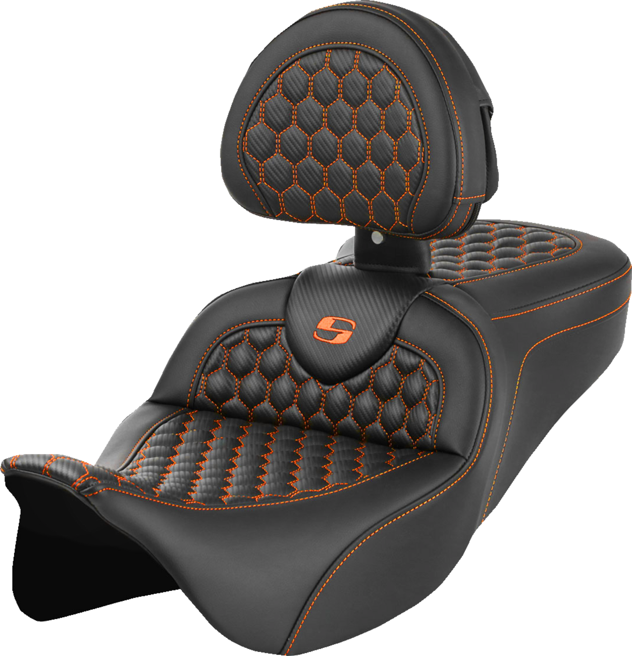 Asiento Honeycomb Roadsofa™ - Asiento RoadSofa™ - Honeycomb - Costura naranja - con respaldo - FLH/FLT '08-'23