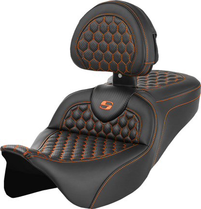 Asiento Honeycomb Roadsofa™ - Asiento RoadSofa™ - Honeycomb - Costura naranja - con respaldo - FLH/FLT '08-'23