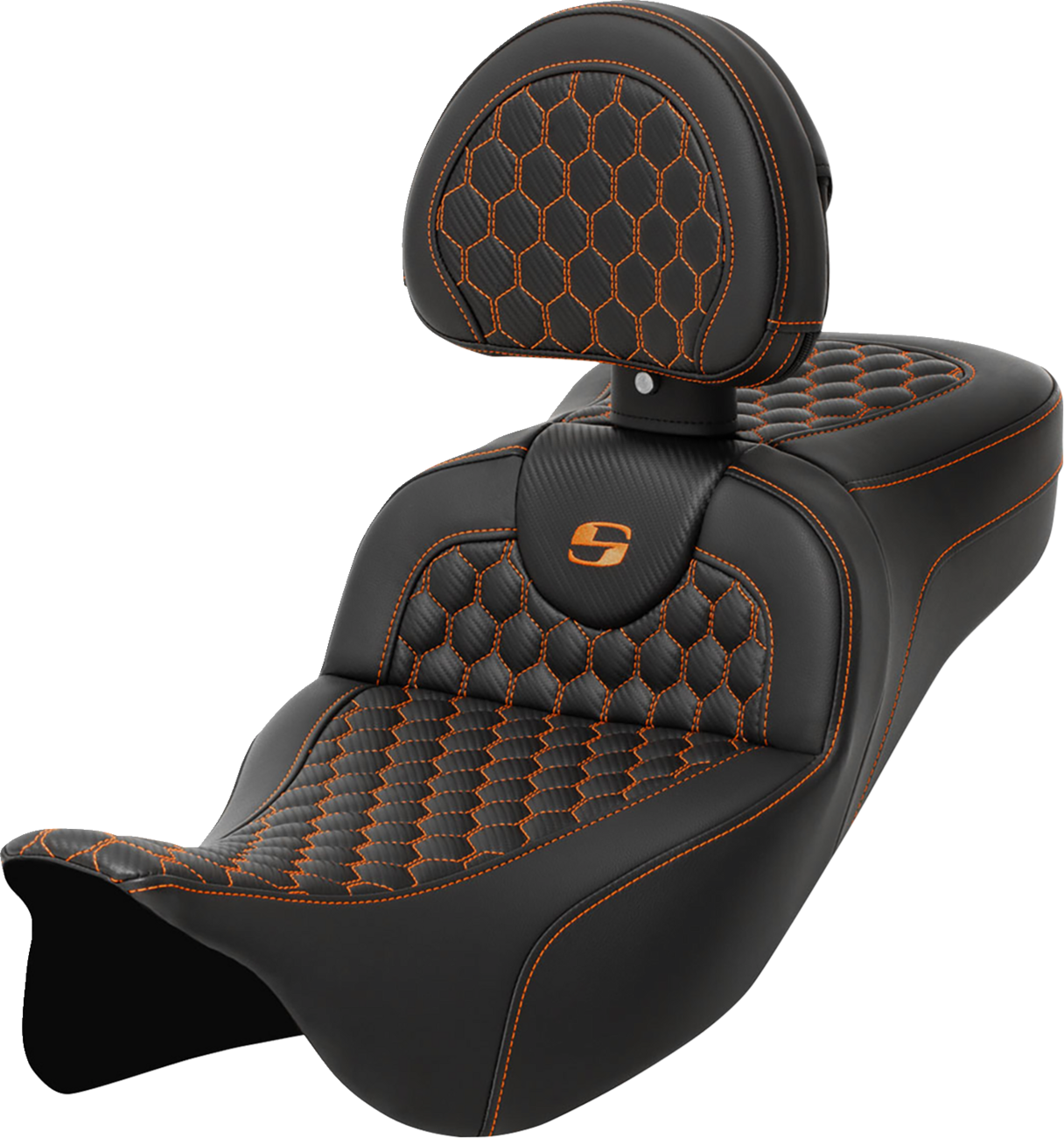 Asiento Honeycomb Roadsofa™ - Asiento RoadSofa™ - Panal - Costura naranja - con respaldo - Alcance extendido - FLH/FLT '08-'24