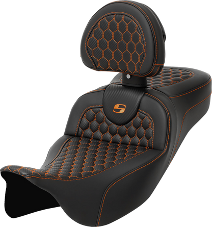 Asiento Honeycomb Roadsofa™ - Asiento RoadSofa™ - Panal - Costura naranja - con respaldo - Alcance extendido - FLH/FLT '08-'24