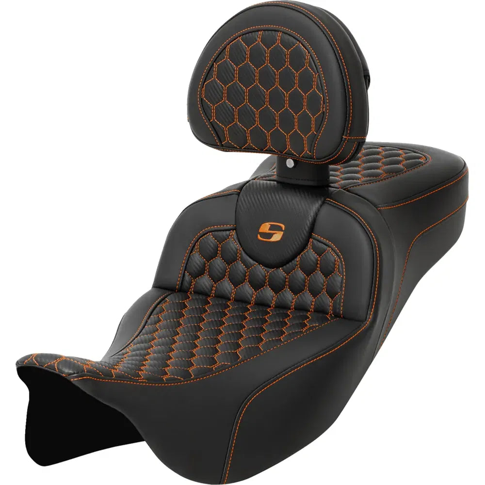 Asiento Honeycomb Roadsofa™ - Asiento RoadSofa™ - Panal - Costura naranja - con respaldo - Alcance extendido - FLH/FLT '08-'24