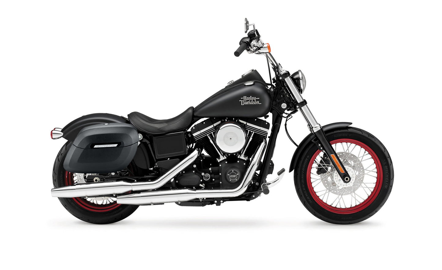36L - Lamellar Raven Extra Large Shock Cut-out Leather Covered Hard Alforjas para Harley Dyna Street Bob FXDB/I