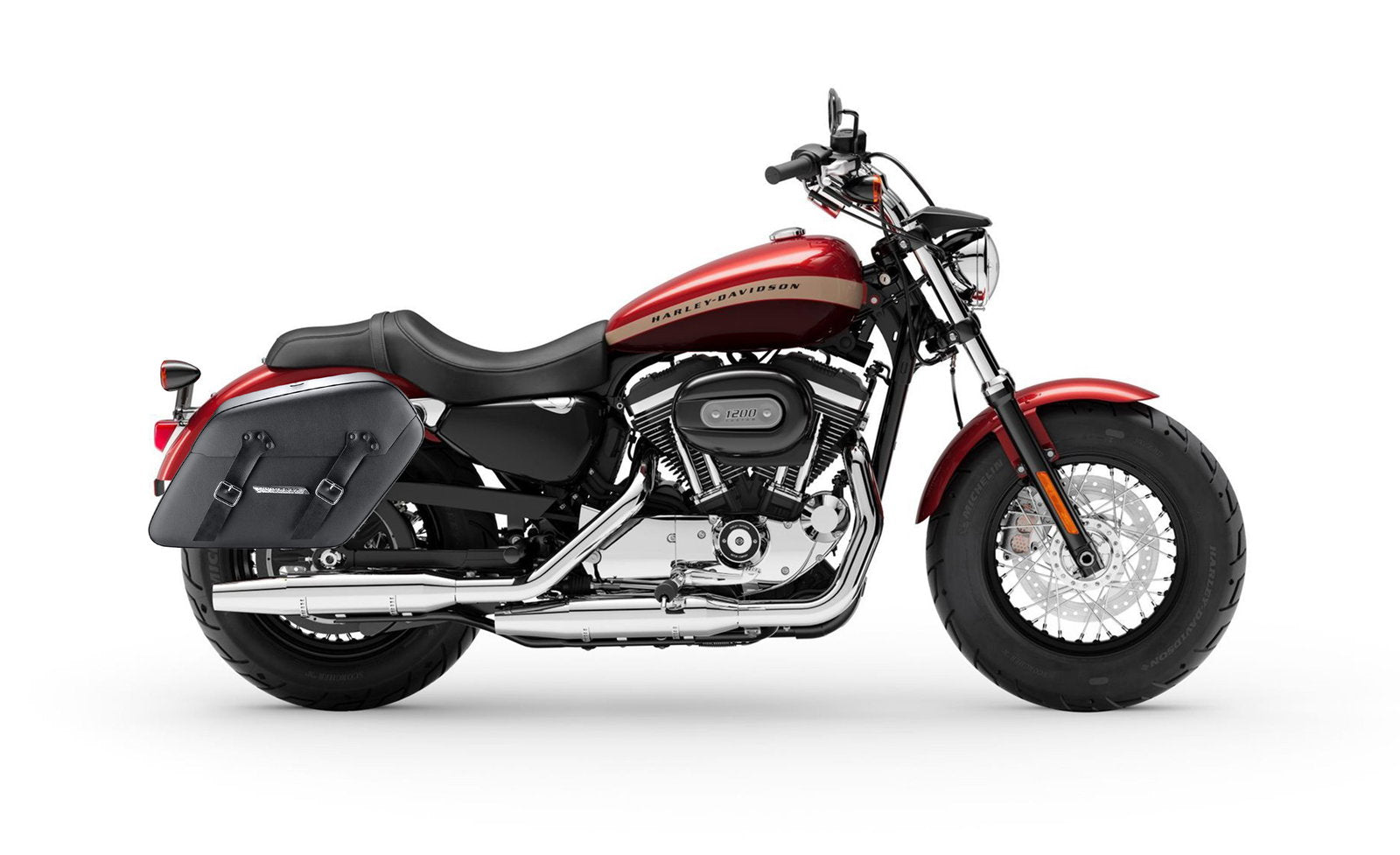 38L - Baldur XL Shock Cutout Harley Sportster 1200 Custom XL1200C/XLH1200C Leather Wrapped Hard Alforjas