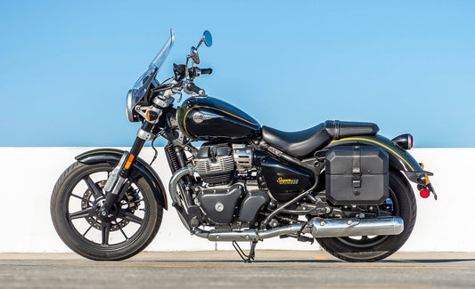 20L - Outlaw Quick-Mount Small Royal Enfield Super Meteor 650 Leather Wrapped Hard Alforjas