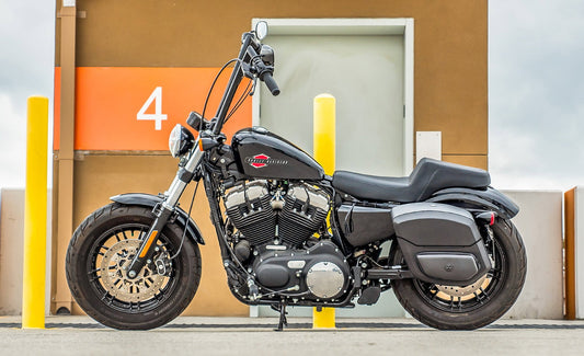 24L - Ironclad Quick-Mount Medium Harley Sportster Forty Eight XL1200X Leather Wrapped Hard Alforjas