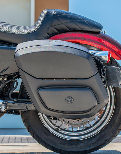 24L - Ironclad Quick-Mount Medium Harley Sportster Seventy Two XL1200V Leather Wrapped Hard Alforjas