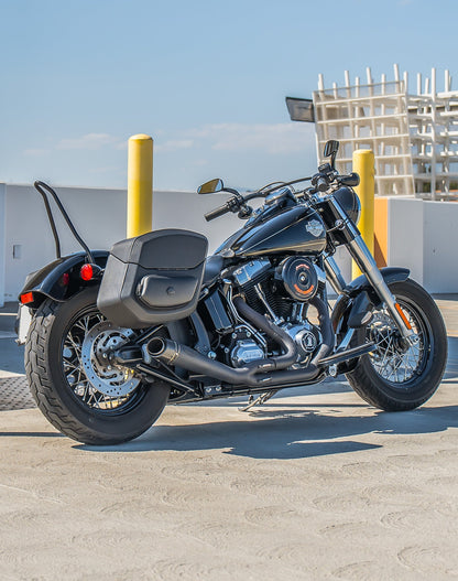 24L - Ironclad Quick-Mount Medium Harley Softail Slim FLS Leather Wrapped Hard Alforjas