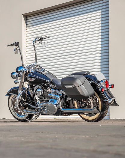 40L - Lamellar Raven Extra Large Leather Covered Motocicleta Hard Alforjas para Harley Softail Deluxe FLSTN/I