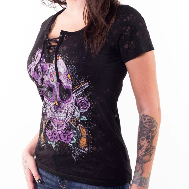 Blusa Tank Top Lethal Threat Vintage Day of the Dead Skull n Guns